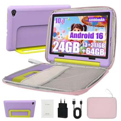 Immagine prodotto di JENBIZZ Kinder Tablet Android 16 con display da 10 pollici, 24 GB di RAM, 64 GB di memoria interna, espandibile fino a 1 TB, controllo parentale, con custodia in silicone e borsa da trasporto