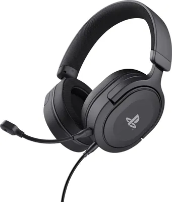 A black gaming headset with a microphone is shown against a white background.