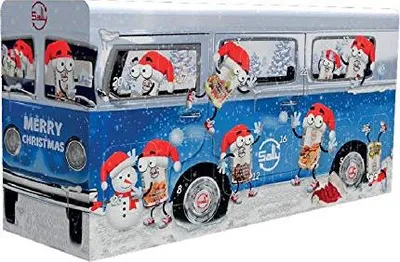 A Christmas advent calendar designed to look like a vintage camper van, decorated with festive characters and snowflakes.