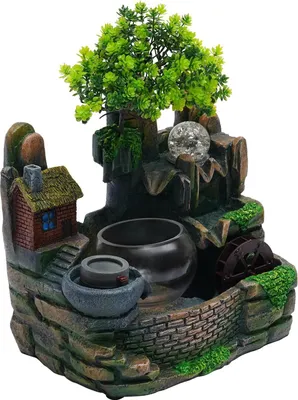 Produktbild von Tischbrunnen - Zimmerbrunnen - LED-Beleuchtung - Nebelgenerator - Drehende Glaskugel - Felsenlandschaft aus Harz - Fischschale