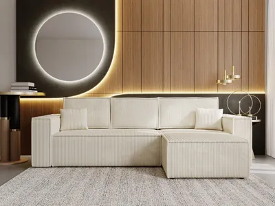 A modern living room scene featuring a beige sectional sofa.