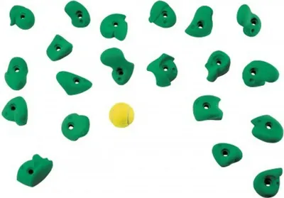 Grüne Kinderklettergriffe von Entre Prises; verteilt auf weißem Hintergrund; mit einem gelben Griff in der Mitte.