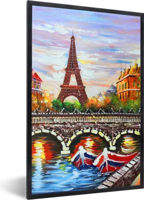 Produktbild von MuchoWow® Gerahmtes Poster Gemälde - Öl - Eiffelturm - Paris - Wasser 60x90 cm - Poster mit Schwarzem Bilderrahmen Wandposter Rahmen Foto Bilder - Kunst