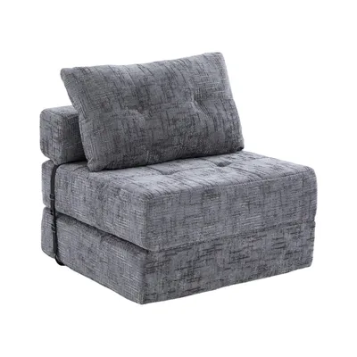 A gray sofa bed is shown against a white background.