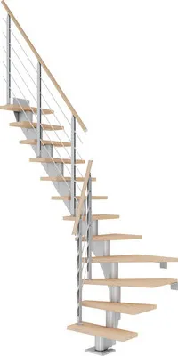 Produktbild von Pertura Mittelholmtreppe Malva Eiche Leimholz Perlgrau 1/4 gewendelt unten links/rechts 75 cm 13 Stufen / 14 Steigungen