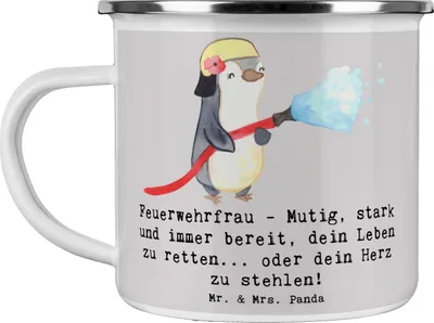 Produktbild von Mr. & Mrs. Panda Teetasse Feuerwehrfrau Heldin - Grau Pastell - Geschenk, Emaille Tasse, Teebecher, Berufsalltag, Beruf, personalisierte Geschenke, Anerkennung, Haferl