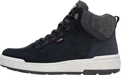 A side view of a blue high-top sneaker with a white sole.