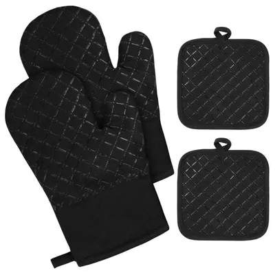 Produktbild von Ofenhandschuhe mit Topflappen, hitzebeständig bis 230°C, Silikonstreifen, Baumwolle, Schwarz, 1 Paar + 2 Stück