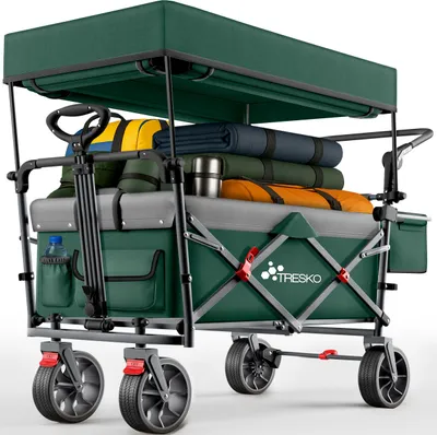 Produktbild von TRESKO® Bollerwagen Faltbar mit Dach Grün, Kühlfach & Seitenrollos | Handwagen max. belastbar bis 150kg | Transportwagen mit Vollgummireifen & Feststellbremsen (Vorne & Hinten) und 3-Punkt-Gurt