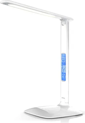 A white LED desk lamp with a digital display showing time and temperature.