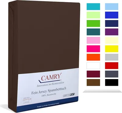 A product shot of a folded brown fitted sheet, with a swatch of available colors to the right.