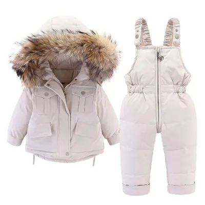 Produktbild von Baby Daunenjacke und Daunenhose 2PCS, Mädchen Jungen Winter Mantel mit Kapuze Kinder Skianzüge (Weiß,100cm)