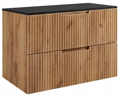 Produktbild von RODAN | Waschbeckenunterschrank 60 cm - Braun - Geriffelte Fronten - Hängender Waschtisch - Soft-Close - Arbeitsplatte in schwarzer Marmoroptik