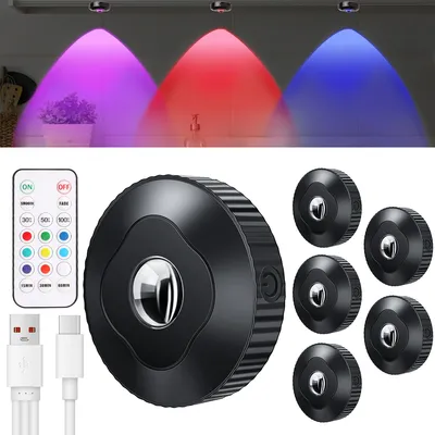 Produktbild von 6er Set LED Spots USB Wiederaufladbar, Kabellose RGB Schrankbeleuchtung mit Fernbedienung, Magnetisch, Unterbauleuchte, Timer & Indirekte Beleuchtung