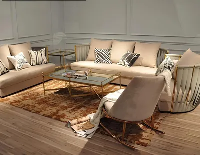 Produktbild von Dreisitzer Couch Polster Design Sofa 3er Sitz Sofas Zimmer Metall Beige Luxus