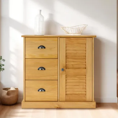 Produktbild von Kommode VENETA mit 1 Tür & 3 Schubladen aus massivem Kiefernholz, gebeizt & gewachst - Wohnzimmerkommode mit Muschelgriffen aus Metall, Schubladenregal mit Stauraum im Landhausstil
