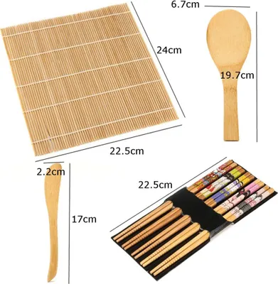 Obrázek produktu pro Bambusová sada Sushi Maker Set Sushi Rolling Mat Kits Sushi Curtain Blade Spoon and Chopsticks Set (sada lžiček a hůlek)