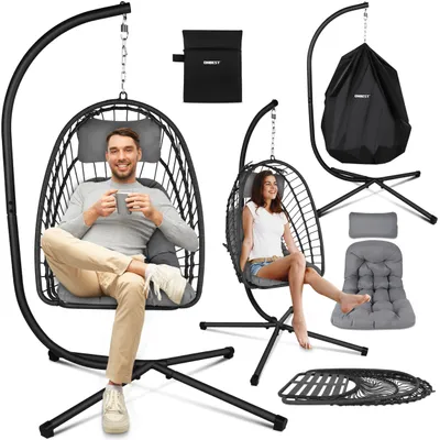Produktbild von ONBEST Hängesessel | mit Gestell | Schutzhülle | 130 kg | Rattan | Gepolstert | 360° | Höhenverstellbar