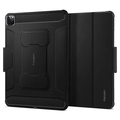A black tablet case is shown open, with the back cover and front flap separated.