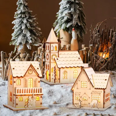 Productafbeelding van Kerstdorp met verlichting - Set van 3 - Kersthuis verlicht van hout