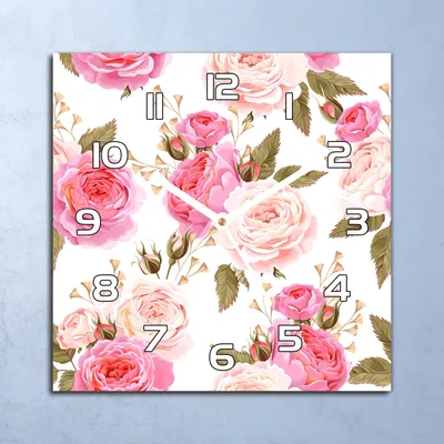 Produktbild von Deko Glasuhr Wanduhr 30x30 Blumen Rosa Rosen Quarz Küchenuhr Bürouhr