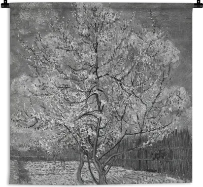 Produktbild von MuchoWow® Wandteppich Wandbehang Blühender Pfirsichbaum - Vincent van Gogh - Schwarz und weiß 90x90 cm Tapisserie Dekoration Wandtuch - Wandaufhänger