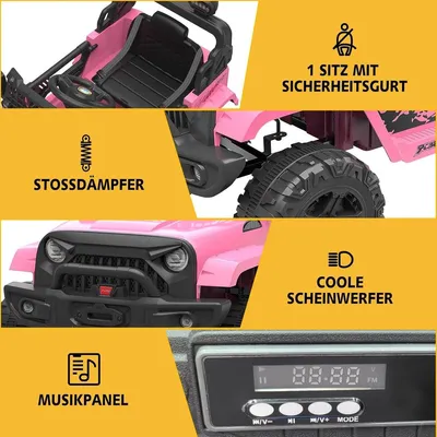 Image de Voiture électrique pour enfants, noire, avec moteur 12V, pneus tout-terrain et haut-parleur Bluetooth