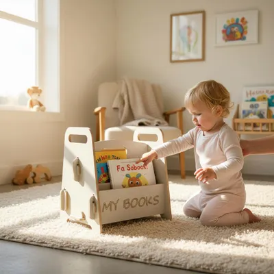Produktbild von Kinder-Bücherregal "My Books" aus Holz – Buch-Organizer Grau & Natur – 35x27x35 cm