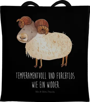 Produktbild von Mr. & Mrs. Panda Tote Bag Sternzeichen Widder - Schwarz - Geschenk, Geburtstag April, Bock, März, Jutebeutel, Tasche, Schultasche, Laptoptasche, Shopping, Schafbock