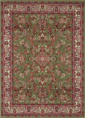 A top-down view of a rectangular rug with a traditional Persian-inspired pattern.
