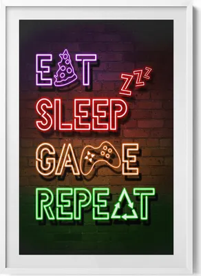 Produktbild von Beschriftung für Gamer „Eat sleep game repeat“– Wandbild mit Rahmen – Gerahmtes Bild  – Wanddekoration – 70x100 cm –  Weiß Rahmen