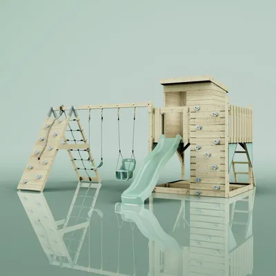 Produktbild von OutdoorToys Spielturm Frida aus Holz in Grün Mintgrün, mit Babyschaukel