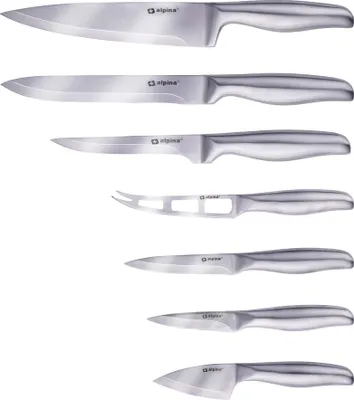 Produktbild von alpina Messerset 7-teilig - Kochmesser, Tranchiermesser, Käsemesser, Stanleymesser, Schälmesser, Weichkäsemesser - Edelstahl