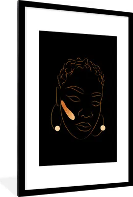 Produktbild von MuchoWow® Gerahmtes Poster Frau - Schwarz - Gold - Strichzeichnung 60x90 cm - Poster mit Schwarzem Bilderrahmen Wandposter Rahmen Foto Bilder - Dekoration - Wandposter Wohnzimmer - Hochwertig