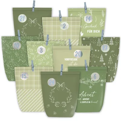 Adventskalender zum Befüllen, 24 Papiertüten, DIY, Grün