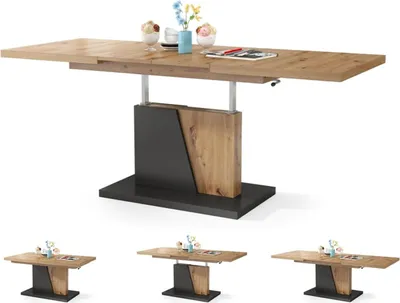 A dining table with a wooden top and a dark base, shown in its extended and raised position. Below are three smaller images of the table in different configurations.