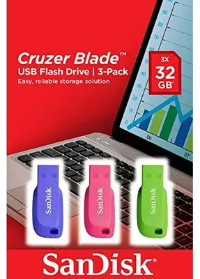 Zdjęcie produktu dla SanDisk Cruzer Blade 3x 32GB, 32 GB, USB Typu-A, 2.0, Bez zatyczki, 2,5 g, Niebieski, Zielony, Różowy