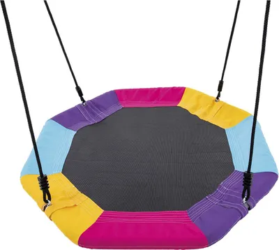 A colorful, octagonal swing seat with a mesh center, suspended by black ropes.