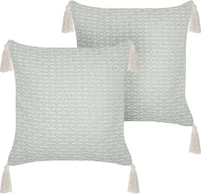 Obrázek produktu pro BELIANI Sada 2 dekorativních polštářů mentolově zelené 42 x 42 cm geometrický vzor střapce snímatelné potahy s výplní