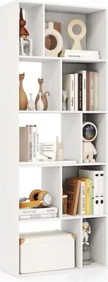 Image de Bibliothèque - Étagère cubique sur pied - 5 niveaux - 10 compartiments - 60 x 25 x 160 cm - Montage facile - Blanc