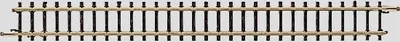 A straight section of model train track.