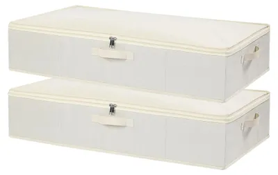 Produktbild von 2 Stück Unterbettboxen, Aufbewahrungsboxen mit Deckel, Faltbare Stoffboxen mit verstärktem Griff und Reißverschluss für Bettdecken, Decken und Kleidung, Beige, 80x40x15cm