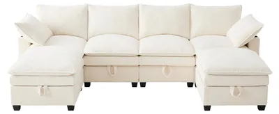 Produktbild von L-förmiges Sofa Beige, modular, mit USB, Staufächern und Getränkehaltern