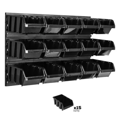 Produktbild von Lagersystem Wandregal 576 x 390 mm | 15 stck. Box | Stapelboxen Schüttenregal Sichtlagerkästen | Extra Starke Wandplatten | Regal Erweiterbar | Werkstattregal Lagerregal Werkstattwandregal Steckregal