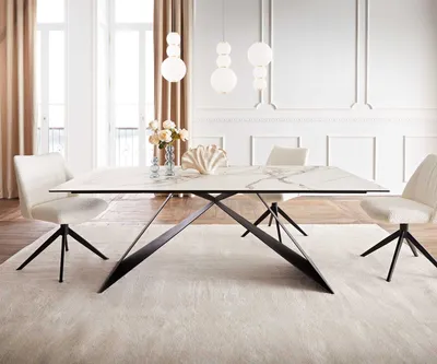 Produktbild von DELIFE Esstisch Edge 200x100 Keramik Calacatta Luxe Weiß-Gold-Grau V-Gestell Flachstahl Schwarz