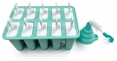 Produktbild von Silikon Eisform mit zehn Kästchen, inklusive Eisstange, falterbarer Borstel und Schüssel, grüner Silikon Eisform
