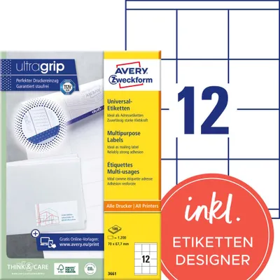 Produktbild von Avery Zweckform 3661 Universal-Etiketten, A4 mit ultragrip,  Adressaufkleber 70 x 67,7 mm, weiß