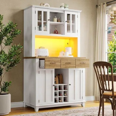 Productafbeelding van Keukendressoir met Glazen Deur en Opbergruimte - Modern Witte Kast voor Woonkamer en Eetkamer