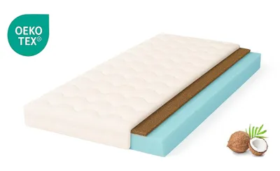 A cross-section of a mattress showing its different layers, with a coconut and leaves in the bottom right corner.