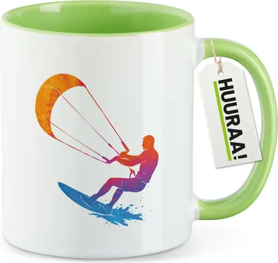 Produktbild von Huuraa Kaffeetasse Kitesurfen bunte Silhouette 330ml Grün Keramik Kaffeebecher Geschenkidee